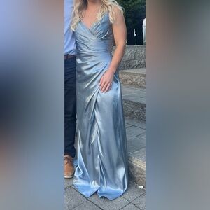David’s Bridal Draped Strappy Bridesmaid dress dusty blue charmeuse